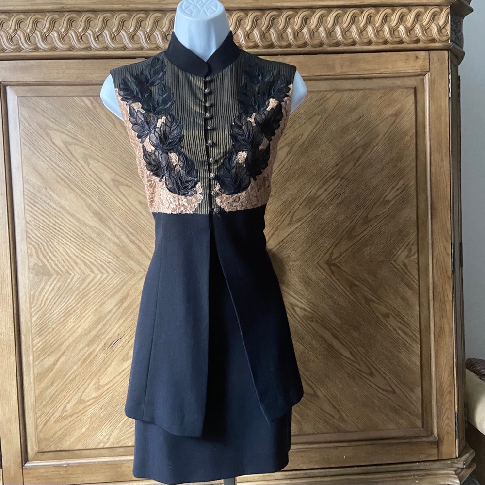 Batiste Black Nude Lace Overlay Vest Skirt Suit